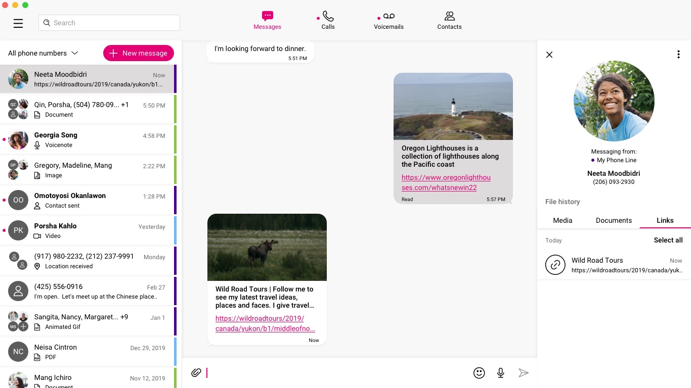Right panel media well showing 3 tabs: Media, Docuements, Hyperlinks. Hyperlinks tab is in focus state by a magenta underline to tab. Organized in a scrollable grid with call to actions to downlaod, share, and delete objects.