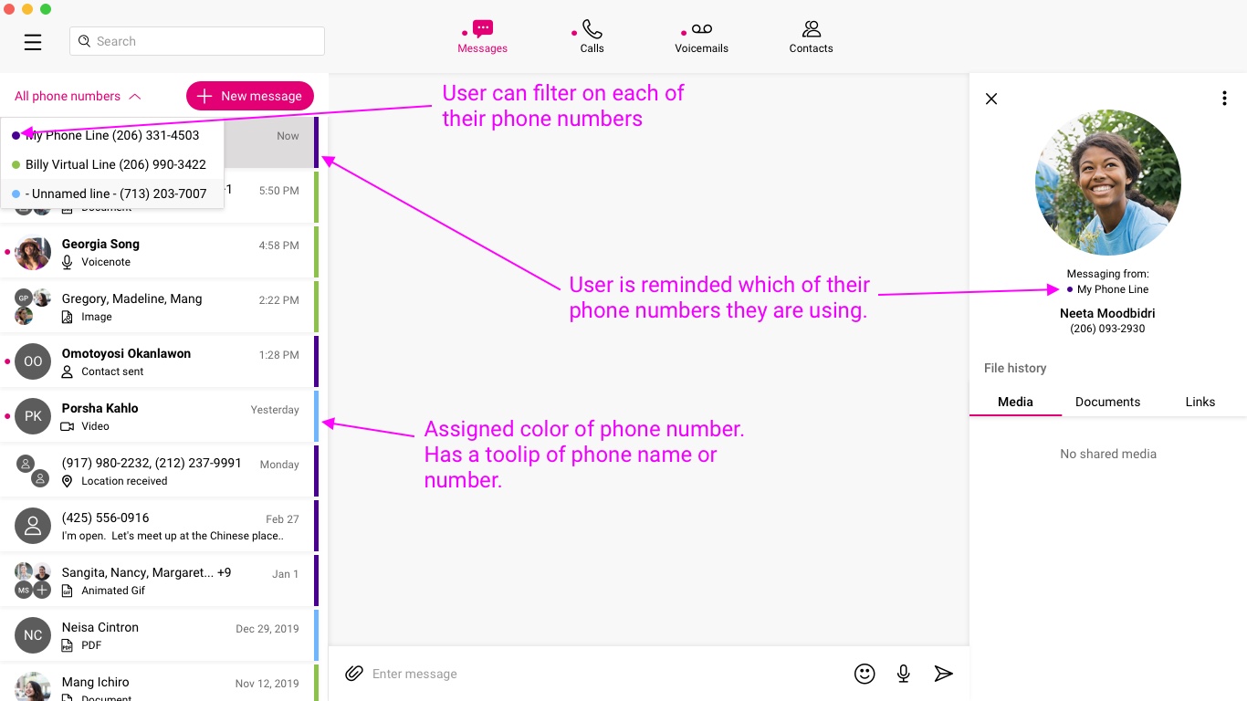 Message Screen showing user assigned phone number names and colors to distinghush their phone numbers and be reminded of which phone line they used