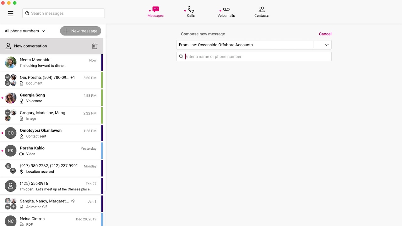 New Navigation Screen. Navigation is on the top. Main navigation has 4 items: Messages, Calls, Voicemail, Contacts