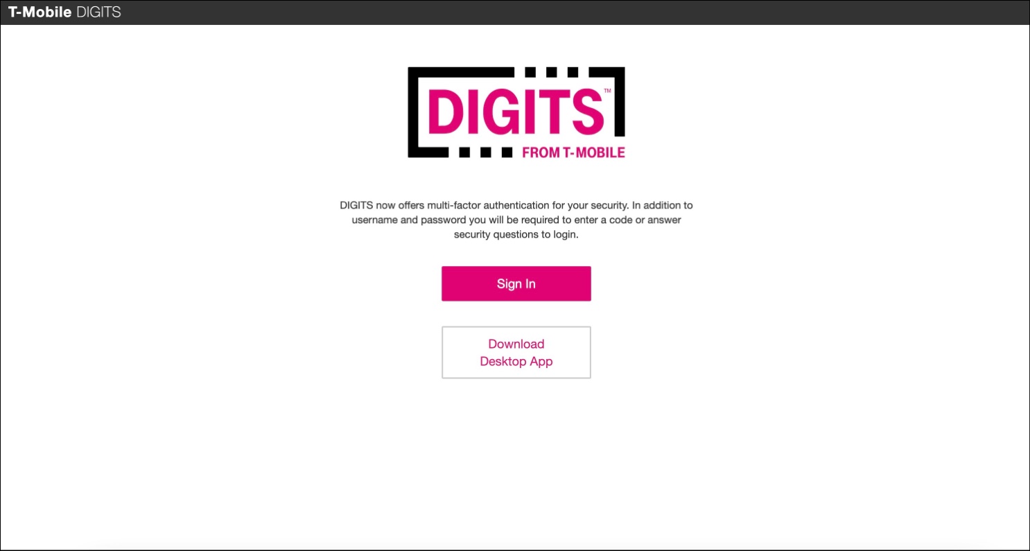 The original DIGITS web page with 2 call to action buttons and a brief description on Multi-factor authenticaion is now available on DIGITS on a white background