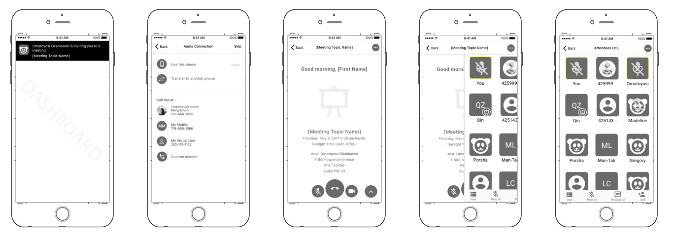 Steps to join a meeting from an ad hoc invite. User can select audio then joins the conference. User can swipe to see Attendee list or view from More actions.
