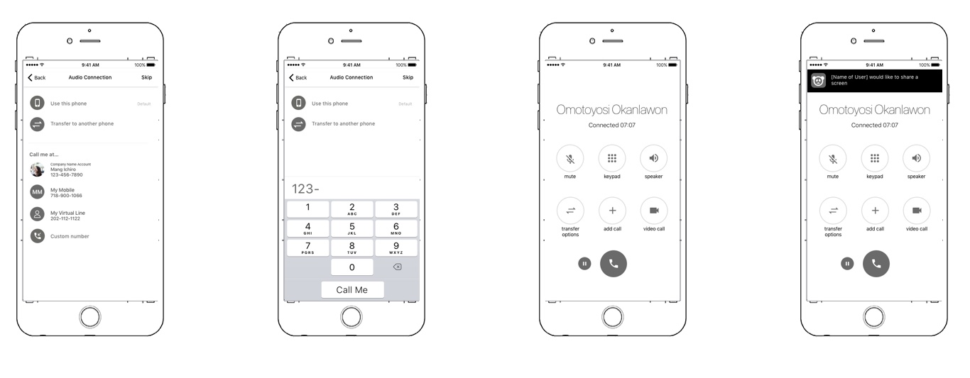 Connecting audio by calling in, having the system call you, or using device audio. User can also transfer audio to another device.