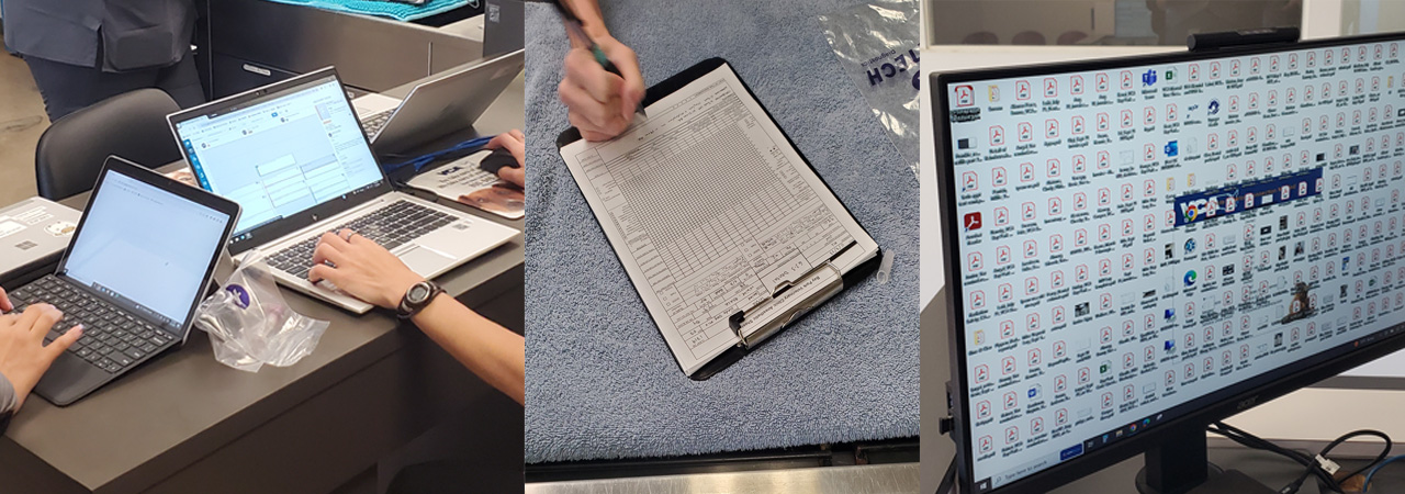 3 panel: 1st Panel two tablets open to the MVH practice mangement app. 2nd Panel a person recording vitals on a vital tracking paper. 3rd Panel a Windows desktop screen with a lot of icons of pdf files saved on the desktop