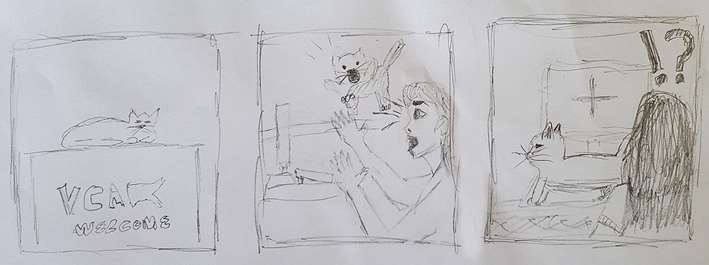 3 panel hand drawn comic strip: Panel 1: A cat is sleeping on a countertop. Panel 2: The cat wakes up and jumps on a keyboard surprising the recpetionist. Panel 3: The computer shuts off, the receptionist is dismayed.
