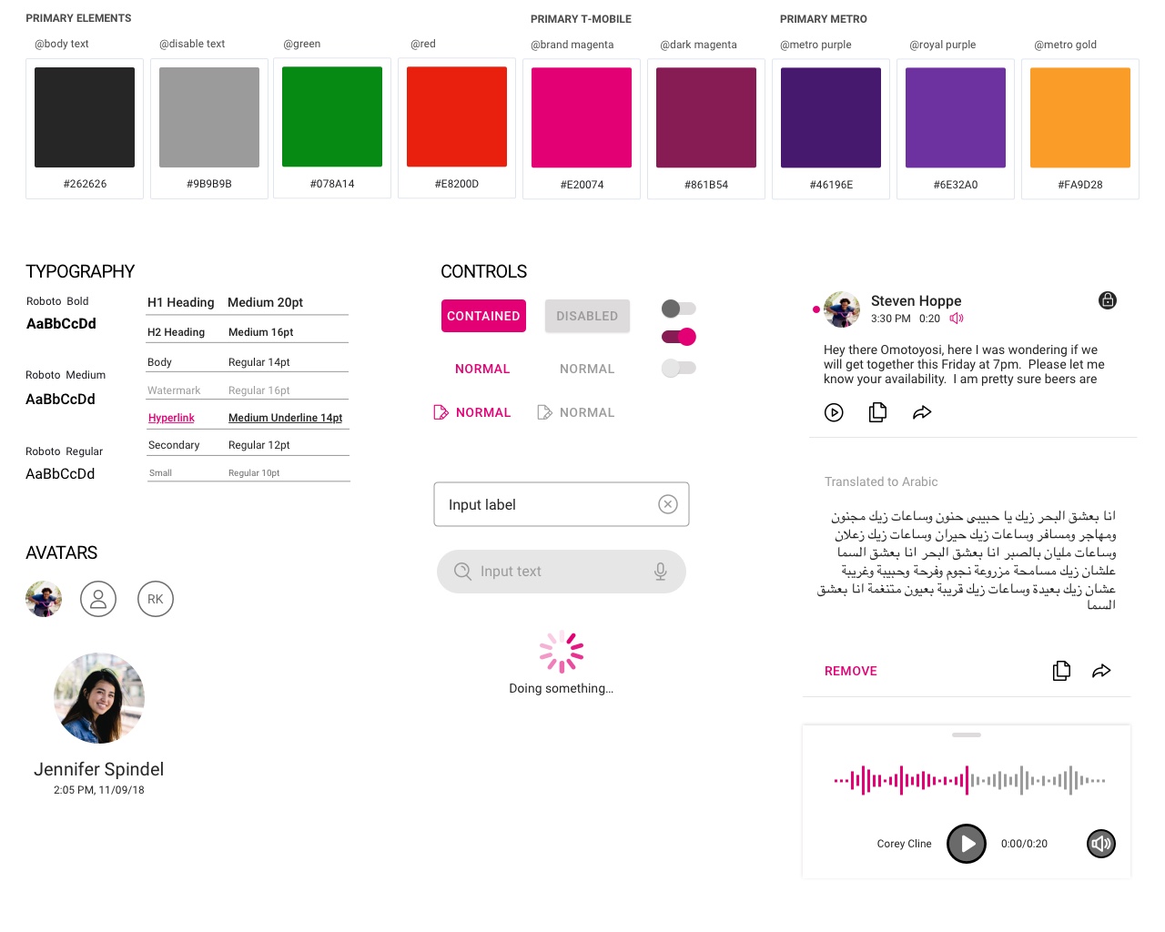 Design System showing typography, colors, controls, and components