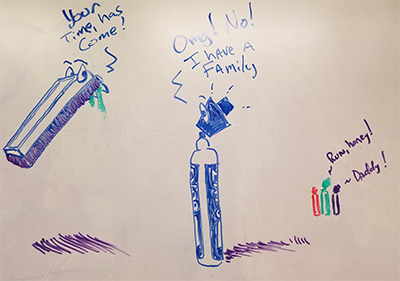 A drawing of a dry eraser attacking a dry erase marker as its family of other dry eraser markers long on in horror