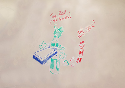 A drawing of a dry eraser attacking a dry erase marker as the marker exclaims 'oh the pain.'