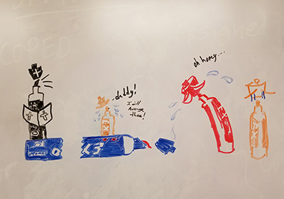 A drawing of a 'priestly' dry erase marker giving last rites to the fallen dry erase marker with family gathered around crying.'
