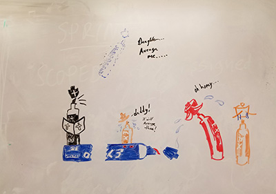 A drawing of the dry erase marker spirit ascending while saying 'Avenge me.'